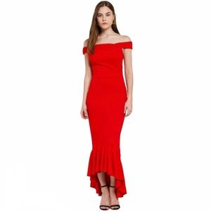 Quiz Red Scuba Crepe Bardot Fishtail Maxi Dress